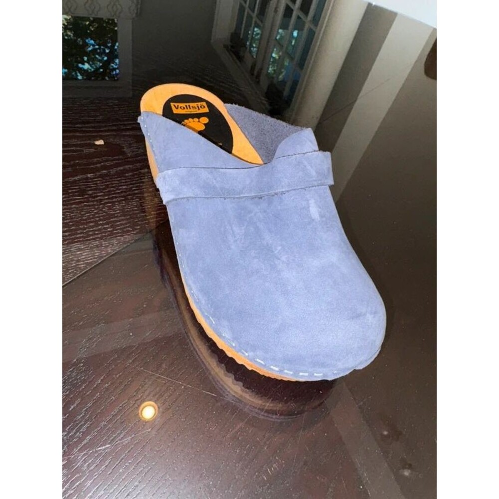 Vollsjö Swedish Blue Suede Leather Wooden Clogs Sz 38/8US